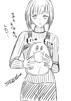 Rule 34 | 1girl, bob cut, commentary request, cowboy shot, diagonal bangs, elbow cutout, greyscale, hatching (texture), holding, holding stuffed toy, inverted bob, linear hatching, link! like! love live!, long sleeves, love live!, love live! sunshine!!, monochrome, open mouth, ribbed sweater, short hair, short shorts, shorts, simple background, sketch, solo, stuffed avocado, stuffed toy, suito, sweater, teeth, translation request, turtleneck, turtleneck sweater, upper teeth only, virtual youtuber, white background, yugiri tsuzuri, yugiri tsuzuri (winter loungewear)