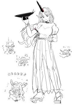 2girls breasts broken broken_chain chain chibi closed_mouth commentary_request cuffs cup full_body greyscale holding holding_cup horns hoshiguma_yuugi ibuki_suika large_breasts long_hair looking_at_viewer monochrome mozukuzu_(manukedori) multiple_girls oni pointy_ears puffy_short_sleeves puffy_sleeves red_horns sakazuki shackles shirt short_sleeves single_horn sketch skirt smile solo_focus spot_color touhou translation_request very_long_hair