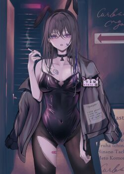1girl absurdres animal_ears bandaid black_choker black_hair black_jacket black_leotard blue_hair breasts brown_pantyhose choker cigarette commentary_request covered_navel cowboy_shot fake_animal_ears groin haru_(haru83380282) highres holding holding_cigarette ichinose_uruha jacket leotard long_hair looking_at_viewer medium_breasts multicolored_hair open_clothes open_door open_jacket open_mouth pantyhose playboy_bunny purple_eyes qr_code rabbit_ears sign smoke smoking solo stairs strapless strapless_leotard streaked_hair tag torn_clothes torn_pantyhose virtual_youtuber vspo!