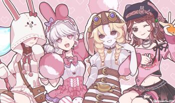 Rule 34 | 4girls, animal ear hairband, animal ears, animal hood, arm up, artist name, belt, black choker, black hat, black ribbon, black shirt, blonde hair, bottle, bow, braid, breasts, brown belt, brown hair, buttons, cameo, chain, chain necklace, character brooch, choker, commentary, cross-shaped pupils, dress, elbow gloves, emuaitu 1733, fake animal ears, fang, galatea claude, gloves, hairband, hand up, hat, hat bow, headgear, heart, heart background, highres, holding, holding bottle, holding pom poms, hood, hood over eyes, hood up, identity v, jewelry, lily barriere, lily barriere (stunning my melody), line friends, lipu friends, locked arms, long dress, looking at viewer, medium breasts, melly plinius, melly plinius (cony), midriff, mole, mole above mouth, multicolored hair, multiple girls, my melody, my melody (series), navel, necklace, off-shoulder shirt, off shoulder, official alternate costume, one eye closed, open mouth, pale skin, parted bangs, pink background, pink bow, pink eyes, pink shirt, pink skirt, pink socks, pink streaks, pink theme, pom pom (cheerleading), pom poms, print shirt, puffy short sleeves, puffy sleeves, purple bow, rabbit ears, rabbit hood, red bow, ribbon, sanrio, shirt, short sleeves, sitting, skirt, skirt bow, smile, socks, solid eyes, streaked hair, symbol-shaped pupils, thigh strap, twin braids, untranslatable commentary, v, white dress, white gloves, white hair, white shirt