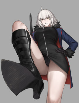 1girl absurdres ahoge bare_legs black_boots black_dress black_gloves black_panties blush boots breasts commentary_request dress fate/grand_order fate_(series) footwear_focus foreshortening from_below gloves grey_background grey_hair hand_on_own_hip high_heel_boots high_heels highres jacket jeanne_d'arc_alter_(fate) large_breasts long_sleeves looking_at_viewer medium_hair open_clothes open_jacket paid_reward_available panties pov sa-baaa scowl shoe_soles short_dress simple_background solo standing standing_on_one_leg stepping_on_viewer underwear upskirt yellow_eyes