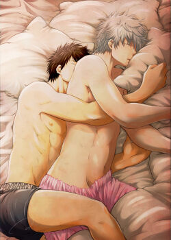 Rule 34 | 2boys, absurdres, black hair, boxers, closed eyes, gintama, highres, hijikata toushirou, lying, male focus, male underwear, messy hair, multiple boys, on bed, on side, praton, sakata gintoki, sleeping, sleeping together, toned, toned male, topless male, underwear, underwear only, white hair, yaoi