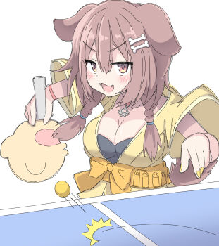 1girl animal_ears ball blush bone_hair_ornament braid breasts brown_eyes brown_hair cartoon_bone cleavage commentary dog_ears dog_girl dog_tail fangs hair_ornament highres hololive inugami_korone jitome large_breasts listener_(inugami_korone) long_hair nail_polish open_mouth simple_background solo table_tennis table_tennis_ball tail twin_braids umberblack v-shaped_eyebrows white_background yellow_nails
