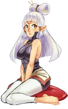 bare_shoulders barefoot brown_eyes facial_tattoo hands_on_lap highres nintendo paya_(zelda) pillow pointy_ears sheikah sitting skin_tight tattoo teevo the_legend_of_zelda the_legend_of_zelda:_breath_of_the_wild white_hair