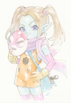 1girl blue_bag blue_skin colored_skin commentary_request cowboy_shot dragon_ball dragon_ball_daima floating_clothes gloves gureshi_db hand_on_own_hip highres holding holding_mask light_brown_hair looking_at_viewer mask masked_majin_(dragon_ball) orange_overalls overalls painting_(medium) pansy_(dragon_ball_daima) parted_bangs pink_thighhighs pointy_ears purple_eyes purple_scarf scarf signature smirk solo thighhighs traditional_media twintails unworn_mask watercolor_(medium) yellow_gloves