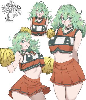 absurdres artist_name blush boku_no_hero_academia breasts cheerleader closed_mouth colored_eyelashes commentary crop_top dashi_(dashiart) english_commentary gloves green_eyes green_hair hagakure_toru high-waist_skirt highres holding holding_pom_poms large_breasts long_hair looking_at_viewer messy_hair midriff multiple_views navel orange_shirt orange_skirt parted_lips pom_pom_(cheerleading) pom_poms reference_inset shirt simple_background skirt sleeveless smile u.a._cheerleader_uniform white_background