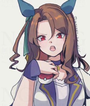 1girl animal_ears brown_hair commentary_request ear_covers holding holding_poke_ball horse_ears horse_girl king_halo_(umamusume) looking_at_viewer nintendo ohsaka_kaname open_mouth poke_ball pokemon red_eyes solo umamusume