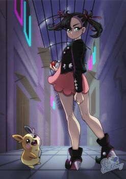 Rule 34 | 1girl, alley, asymmetrical bangs, bare legs, black hair, black jacket, dress, earrings, floating hair, full body, gen 8 pokemon, green eyes, hair ribbon, highres, holding, holding poke ball, jacket, jewelry, looking at viewer, marnie (pokemon), morpeko, morpeko (full), nintendo, piliblueberry, pink dress, poke ball, poke ball (basic), pokemon, pokemon (creature), pokemon swsh, red ribbon, ribbon, standing, thighs, undercut