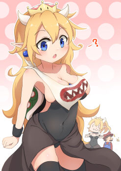 &gt;=3 1boy 2girls ? absurdres armlet bai_qiao bib black_leotard blonde_hair blue_eyes bowsette bowsette_jr. bracelet breasts cleavage collar covered_navel crown dress earrings genderswap genderswap_(mtf) highres horns jewelry leotard long_hair mario mario_(series) medium_breasts multiple_girls new_super_mario_bros._u_deluxe nintendo pointy_ears sharp_teeth skirt spiked_armlet spiked_collar spiked_shell spikes strapless strapless_dress strapless_leotard super_crown teeth turtle_shell