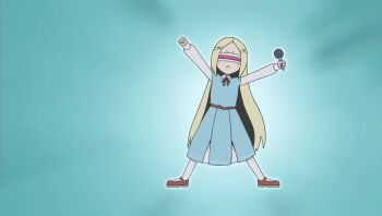 1girl arms_up blonde_hair blue_dress brown_shoes dress head-mounted_display highres holding holding_microphone legs_apart long_hair mahou_shoujo_ni_akogarete microphone morino_korisu parody sawasode scene_reference shoes socks solo spongebob_squarepants_(series) standing the_spongebob_squarepants_movie white_socks