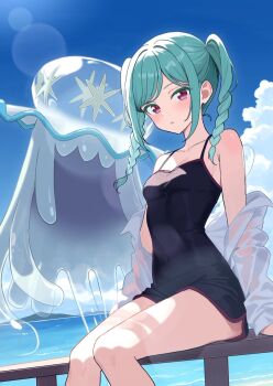 1girl :o beach blue_hair blue_sky breasts chair cloud cloudy_sky crossover gen_7_pokemon highres looking_at_viewer love_live! love_live!_superstar!! mountain nihilego nintendo ocean one-piece_swimsuit onitsuka_tomari orange-pengin outdoors pokemon red_eyes sitting sky small_breasts swimsuit twintails ultra_beast