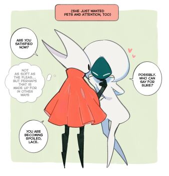 Rule 34 | 2girls, ange (angeban93), arthropod girl, black eyes, black skin, blank eyes, bodysuit, cloak, colored skin, commentary, english commentary, english text, full body, hat, highres, hollow eyes, hollow knight, hollow knight: silksong, horned mask, hornet (hollow knight), horns, lace (hollow knight), looking at another, mask, multiple girls, red cloak, speech bubble, standing, white eyes, white hat, white mask