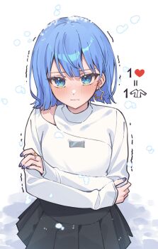 1girl absurdres black_skirt blue_eyes blue_hair closed_mouth commentary_request crossed_arms double-parted_bangs earrings hair_between_eyes highres hoshimachi_suisei jewelry long_sleeves looking_at_viewer pleated_skirt shirt short_hair simple_background single_earring skirt snow solo star_(symbol) star_earrings star_in_eye symbol_in_eye tsukino_(nakajimaseiki) virtual_youtuber white_background white_shirt