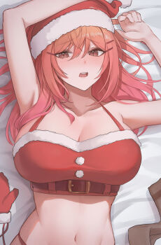 1girl absurdres arm_above_head arm_up armpits bed bed_sheet belt black_belt blush breasts cleavage commentary crop_top english_commentary from_above fur_trim gradient_hair hair_between_eyes hair_ornament hair_spread_out hairclip hat highres hololive hololive_dev_is ichijou_ririka large_breasts long_hair looking_at_viewer lying multicolored_hair navel on_back on_bed open_mouth orange_eyes orange_hair panty_straps pink_hair santa_costume santa_hat solo steelball_(jwk76806995) stomach teeth unworn_mittens upper_teeth_only very_long_hair virtual_youtuber