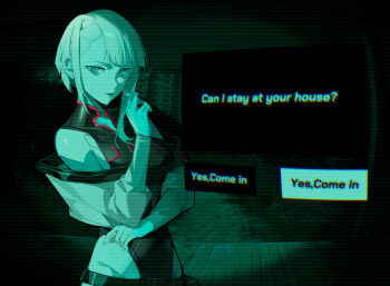 1girl bigroll black_leotard breasts cigarette closed_mouth commentary cyberpunk:_edgerunners cyberpunk_(series) english_commentary english_text gameplay_mechanics green_theme highres holding holding_cigarette jacket leotard lips long_hair long_sleeves looking_at_viewer lucy_(cyberpunk) medium_breasts no_i&#039;m_not_a_human off_shoulder open_clothes open_jacket outdoors pants pov_peephole solo standing