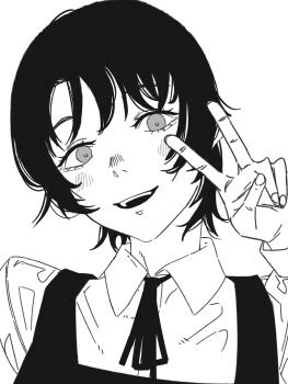 Rule 34 | 1girl, blush, eri (sayonara eri), eyelashes, fingernails, grey background, greyscale, highres, monochrome, open mouth, ribbon, sayonara eri, short hair, simple background, smile, solo, teeth, upper body, upper teeth only, v, yuake