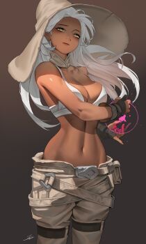 Rule 34 | 1girl, absurdres, bikini, bikini top only, black gloves, breasts, cleavage, closed mouth, collarbone, commentary, dark-skinned female, dark skin, english commentary, fingernails, floating hair, gloves, grey background, grey hat, grey pants, hat, highres, large breasts, large hat, lips, long hair, looking at viewer, magic, midriff, navel, ori dal, original, pants, partially fingerless gloves, pink lips, signature, solo, stomach, swimsuit, white bikini, white hair, witch, witch hat, yellow eyes