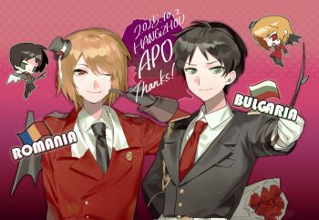 2boys axis_powers_hetalia bat_wings black_gloves black_hair black_pants black_suit blonde_hair bouquet bulgaria_(hetalia) bulgarian_flag chibi chibi_inset english_text fang flower formal_clothes gloves gold_buttons green_eyes hand_on_own_hip hat hat_ribbon highres kaminai404 looking_at_viewer mini_hat multiple_boys necktie one_eye_closed pants pink_background pointing pointing_at_self red_eyes red_flower red_rose red_suit ribbon romania_(hetalia) romanian_flag rose simple_background smile standing suit upper_body white_gloves wings