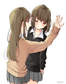 2girls black_sweater blush brown_eyes brown_hair brown_sweater collared_shirt commentary grey_skirt hazuki_natsu kabedon long_hair medium_hair multiple_girls original parted_lips pleated_skirt school_uniform shirt simple_background skirt sweater twitter_username white_background white_shirt yuri