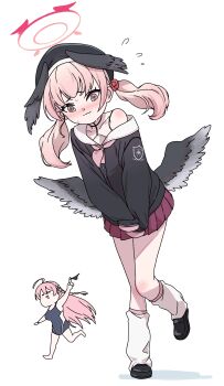 2girls @_@ absurdres ahoge black_panties black_wings blue_archive blush competition_swimsuit embarrassed feathered_wings full_body halo hanako_(blue_archive) head_wings highres holding holding_unworn_clothes holding_panties holding_underwear holding_unworn_clothes koharu_(blue_archive) loafers long_hair loose_socks low_wings multiple_girls neckerchief one-piece_swimsuit osame panties pink_eyes pink_hair pink_neckerchief shoes single_bare_shoulder skirt socks sweat swimsuit twintails underwear wavy_mouth wings