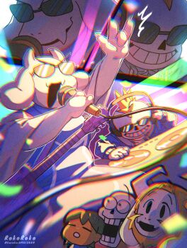 1boy 1girl 3boys artist_name asgore_dreemurr beard blonde_hair brown_hair dj facial_hair frisk_(undertale) grin headphones highres mohawk multiple_boys music noah_(rokoroko) open_mouth papyrus_(undertale) purple_vest sans_(undertale) short_hair singing smile sunglasses teeth tiara toriel twitter_username undertale utdr_(toby_fox) vest white_sleeves