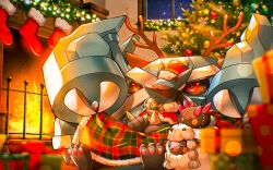 Rule 34 | antlers, black sclera, blanket, blurry, blurry foreground, box, character doll, christmas stocking, christmas tree, claws, colored sclera, commentary, creatures (company), ekm, fire, fireplace, game freak, gen 3 pokemon, gen 4 pokemon, gen 7 pokemon, gen 8 pokemon, gift, gift box, hat, horns, indoors, lucario, metagross, night, nintendo, pokemon, pokemon (creature), pyukumuku, red eyes, reindeer antlers, sitting, sparkle, stitches, symbol-only commentary, window, wooloo
