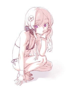 Rule 34 | 1girl, barefoot, bikini, black bikini, check copyright, choker, copyright request, expressionless, flat chest, flower, full body, gloves, hair flower, hair ornament, head rest, highres, long hair, looking at viewer, navel, original, purple eyes, side-tie bikini bottom, simple background, solo, squatting, swimsuit, terorisuta, white hair