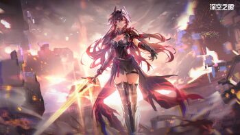 1girl aether_gazer black_dress black_gloves black_thighhighs blue_eyes breasts brown_hair chest_tattoo chinese_commentary chromatic_aberration cleavage coattails commentary_request cowboy_shot dress fur-trimmed_dress fur_trim gloves glowing glowing_sword glowing_weapon hair_between_eyes hair_ornament heterochromia highres holding holding_sword holding_weapon large_breasts leg_armor long_hair looking_ahead official_art official_wallpaper outstretched_arms parted_lips solo standing sword tattoo thigh_strap thighhighs verthandi_(aether_gazer) weapon yellow_eyes