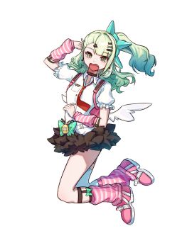 1girl absurdres arm_warmers badge black_skirt bow brown_skirt chinese_commentary choker commentary_request detached_sleeves fang full_body green_eyes green_hair hair_bow hair_ornament hairclip hand_up highres leg_warmers long_hair looking_at_viewer multicolored_eyes necktie one_side_up open_mouth pink_vest ponytail puffy_short_sleeves puffy_sleeves quanxian_bangua red_necktie shirt shoes short_sleeves simple_background skirt socks solo sunna_(zenless_zone_zero) vest white_background white_shirt wings yellow_eyes zenless_zone_zero