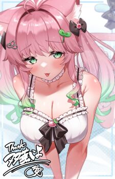 1girl absurdres ahoge animal_ear_fluff animal_ears black_bow blush bow breasts cleavage collarbone colored_inner_hair commission futaba_iyo green_eyes green_hair hair_bow hair_ornament highres indie_virtual_youtuber large_breasts leaf_hair_ornament multicolored_hair pink_hair skeb_commission solo sui_hi_sf tail tail_bow tail_ornament tongue tongue_out virtual_youtuber