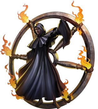 1boy artist_request barefoot black_cloak cloak demon_(megami_tensei) fire highres official_art orange_eyes persona persona_5 persona_5:_the_phantom_x shin_megami_tensei solo third-party_source throne_(megami_tensei) transparent_background wheel