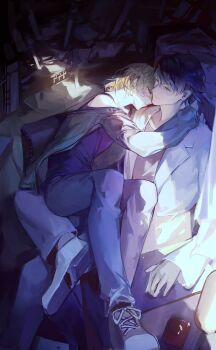 2boys 356migoro arms_around_neck bad_tag bare_shoulders black_hair black_shirt black_tank_top blonde_hair closed_eyes coat crack_of_light dark_room face_in_neck green_jacket highres hug jacket looking_at_another madarame_kei male_focus multiple_boys shirt shoes sitting sitting_on_lap sitting_on_person sleepy slow_damage tank_top towa_(slow_damage) white_coat yaoi