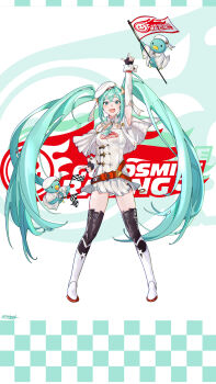 Rule 34 | #money, 1girl, 2023, absurdres, animal, aqua eyes, aqua hair, artist name, belt, beret, bird, black thighhighs, boots, breasts, capelet, checkered flag, clothes writing, duck, fingerless gloves, flag, flame print, full body, gloves, goodsmile company, goodsmile racing, hair between eyes, hair ornament, hair ribbon, hand up, hat, hatsune miku, highres, holding, holding flag, index finger raised, knee boots, light blush, logo, long hair, medium breasts, microskirt, necktie, official alternate costume, open mouth, racing miku, racing miku (2023), ribbon, skirt, smiley face, star (symbol), star hair ornament, thighhighs, thighs, twintails, very long hair, vocaloid, white hat, white ribbon