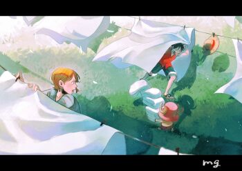 1girl 2boys ^_^ black_hair closed_eyes clothes_pin clothesline drying drying_clothes fur-trimmed_shorts fur_trim grass hat highres laughing laundry mg_choco826 monkey_d._luffy multiple_boys nami_(one_piece) one_piece orange_hair pink_headwear playing red_shirt shirt short_hair shorts sleeveless stack straw_hat tony_tony_chopper towel unworn_hat unworn_headwear