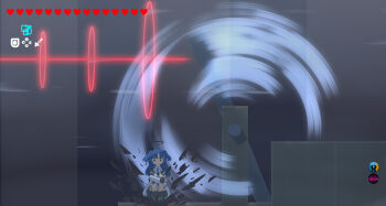 1girl aris_(blue_archive) black_hair black_halo blue_archive blue_eyes commentary halo heart highres indoors jacket mechanical_halo miaki_(mi_autumn39) nintendo parody purple_hair the_legend_of_zelda the_legend_of_zelda:_breath_of_the_wild user_interface white_jacket yuuka_(blue_archive)