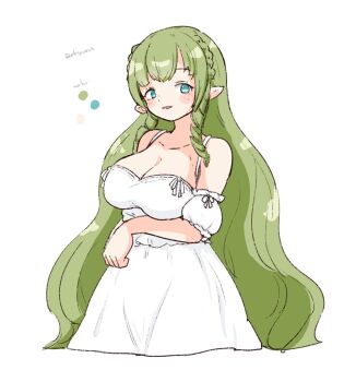 1girl bare_shoulders blue_eyes blush_stickers braid breasts cleavage color_guide commentary_request cropped_legs double-parted_bangs dress drill_hair elf green_hair highres large_breasts long_hair looking_at_viewer olto_rondo open_mouth original pointy_ears short_sleeves simple_background smile solo twin_drills very_long_hair white_background white_dress