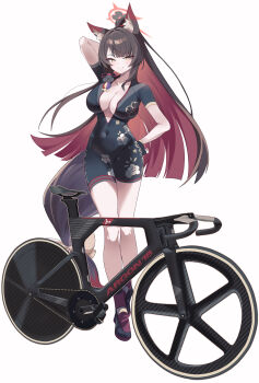1girl absurdres adapted_costume animal_ear_fluff animal_ears arm_behind_head bicycle black_bodysuit blue_archive bodysuit bow breasts center_opening cleavage colored_inner_hair covered_navel cran_berrie eyeshadow fingerless_gloves floral_print fox_ears fox_girl fox_tail full_body gloves halo hand_on_own_hip highres large_breasts looking_at_viewer makeup multicolored_hair red_eyeshadow red_halo smile solo tail tail_bow tail_ornament wakamo_(blue_archive) white_background yellow_eyes