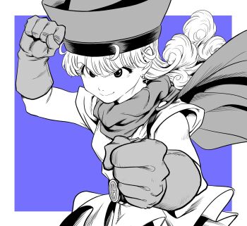 Rule 34 | 1girl, alena (dq4), border, cape, clenched hands, commentary, curly hair, dragon quest, dragon quest iv, dress, earrings, fighting stance, gloves, greyscale with colored background, hat, highres, jewelry, lee (dragon garou), outside border, purple background, short dress, smile, solo, upper body, v-shaped eyebrows, white border