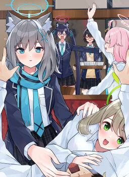1boy 5girls :d ^_^ absurdres ahoge anger_vein angry animal_ear_fluff animal_ears arm_up aura ayane_(blue_archive) black_hair black_jacket black_skirt blue_archive blue_eyes blue_halo blue_necktie blue_scarf blush bright_pupils brown_hair cat_ears closed_eyes collared_shirt commentary cowboy_shot cross_hair_ornament dark_aura earrings extra_ears flirting foreclosure_task_force_(blue_archive) glasses green_eyes green_halo grey_hair hair_between_eyes hair_ornament halo hand_on_another's_shoulder heart heart-shaped_pupils hetero highres hoshino_(blue_archive) hug indoors jacket jewelry kotatsu long_hair long_sleeves looking_at_another lying mi_taro333 miniskirt mismatched_pupils multiple_girls necktie nonomi_(blue_archive) notice_lines on_back open_clothes open_jacket open_mouth pink_hair pink_halo plaid_clothes plaid_skirt pleated_skirt pointy_ears red_halo scarf school_uniform sensei_(blue_archive) serika_(blue_archive) shiroko_(blue_archive) shirt skirt smile steam straight_hair stud_earrings sweatdrop symbol-shaped_pupils table tareme trembling tsurime twintails under_kotatsu under_table very_long_hair waving white_pupils white_shirt wolf_ears