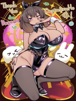 1girl :3 black_leotard black_nails blush bracelet breasts brown_hair chain cleavage closed_mouth commentary commission dark-skinned_female dark_skin english_commentary fishnet_thighhighs fishnets full_body huge_breasts jewelry leotard looking_at_viewer medium_hair motsu_momomo original playboy_bunny polka_dot polka_dot_background purple_eyes solo squatting thighhighs