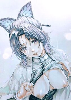 1girl black_hair butterfly_hair_ornament commentary_request gakuran hair_ornament haori japanese_clothes katsu_(24791909) kimetsu_no_yaiba kochou_shinobu lips looking_at_viewer marker_(medium) nipples no_bra open_clothes parted_lips purple_eyes purple_hair school_uniform solo traditional_media upper_body