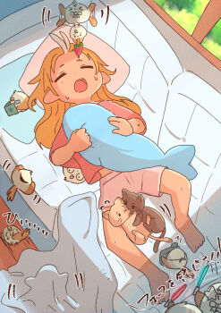 1girl ^^^ animal bird black_cat blanket brown_hair camera cat couch day flying_sweatdrops food glowstick highres holding holding_camera hololive long_hair lying motion_lines multicolored_hair on_back on_couch open_mouth pillow pink_shirt pink_shorts pointy_ears popsicle sasaki_(glass1138) shiranui_flare shirt short_sleeves shorts solo streaked_hair translation_request virtual_youtuber watermelon_bar white_hair window