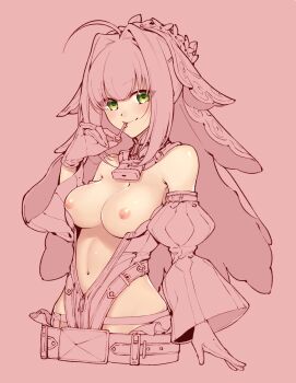 1girl belt breasts character_request commentary_request cropped_legs gloves green_eyes highres juliet_sleeves kan'yu_(citron_82) key large_breasts light_blush long_sleeves nipples partially_colored pink_theme puffy_sleeves revealing_clothes smile solo wide_sleeves
