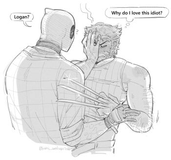 2boys ? animification arm_hair belt blush body_blush chest_hair claw_(weapon) closed_eyes deadpool deadpool_&amp;_wolverine deadpool_(series) embarrassed english_text facial_hair full-face_blush gloves hand_on_own_face hand_over_face hashtag-only_commentary highres k4nc_wolverine large_pectorals male_focus marvel marvel mask multiple_boys muscular muscular_male open_belt pants pectorals scar scars_all_over shirt short_hair speech_bubble sweatdrop tank_top teeth thought_bubble too_many twitter_username weapon wolverine_(x-men) x-men yaoi