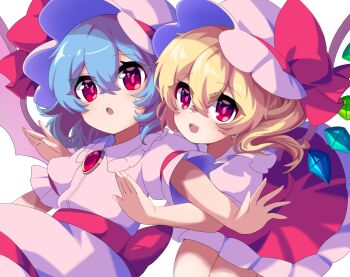 2girls :d :o bat_wings blonde_hair blue_hair blush brooch commentary crystal_wings dress flandre_scarlet frilled_hat frilled_sailor_collar frills hair_between_eyes hat highres jewelry looking_ahead mob_cap multiple_girls ochamaru0103 one_side_up open_mouth outstretched_arms pink_dress red_eyes red_skirt remilia_scarlet sailor_collar shirt siblings simple_background sisters skirt smile teeth thighs touhou upper_teeth_only white_background white_hat white_shirt wings