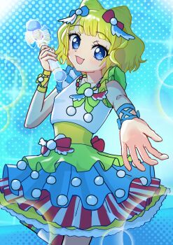 1girl :d absurdres apple_(pixiv_62673932) blonde_hair blue_eyes bow cone_hair_bun cowboy_shot double_bun dress hair_bow hair_bun highres holding holding_microphone idol_clothes looking_at_viewer microphone minami_mirei multicolored_dress open_mouth pretty_series pripara reaching reaching_towards_viewer short_hair smile solo