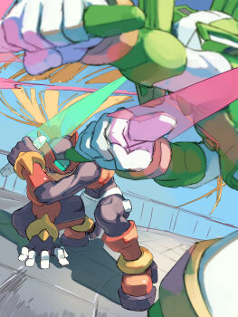 Rule 34 | 2boys, absurdres, armor, black eyes, blonde hair, commentary request, duel, energy sword, forehead jewel, green armor, green helmet, helmet, highres, holding, holding sword, holding weapon, long hair, male focus, mega man (series), mega man zero (series), multiple boys, omochi (mochi skymega), red armor, red helmet, sage harpuia (mega man), solo focus, sword, weapon, z saber, zero(z) (mega man), zero (mega man)
