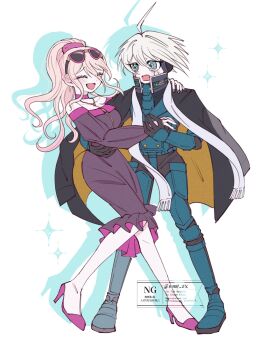 1boy 1girl ahoge armor blonde_hair blue_eyes choker commentary_request dancing danganronpa_(series) danganronpa_10th_anniversary_costume danganronpa_v3:_killing_harmony dress eyewear_on_head high_heels high_ponytail highres holding_hands iruma_miu jacket jewelry k1-b0 mmr_0x necklace official_alternate_costume official_alternate_hairstyle open_clothes ponytail power_armor robot robot_ears smile spiked_hair sunglasses sweat watermark white_hair