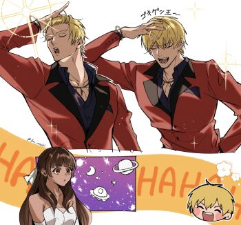 1boy 1girl blonde_hair brown_eyes brown_hair chibi chibi_inset closed_eyes commentary_request dark-skinned_female dark_skin fate/strange_fake fate_(series) gilgamesh_(fate) hair_ribbon half_updo highres jacket jewelry km_mechi long_hair long_sleeves meme multiple_views necklace open_mouth ribbon shirt short_hair smile space_cat_(meme) sparkle tine_chelc