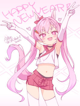 1girl :d animal_ears armpits black_choker blush bow braid braided_bangs chinese_zodiac choker collarbone commentary crop_top ear_bow elbow_gloves english_commentary fang gloves gradient_background highres horse_ears horse_girl horse_tail jigatei_(omijin) long_hair midriff navel open_mouth original pink_background pink_eyes pink_hair red_bow red_shorts shirt short_eyebrows short_shorts shorts sleeveless sleeveless_shirt smile solo tail thick_eyebrows thighhighs v-shaped_eyebrows very_long_hair white_background white_gloves white_shirt white_thighhighs year_of_the_horse